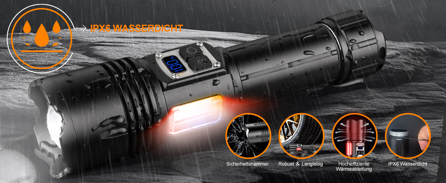 Ліхтарик LED акумуляторний, тактичний, 500000 люмен, 9 режимів, COB бічне світло, USB-C, для кемпінгу та надзвичайних ситуацій, чорний