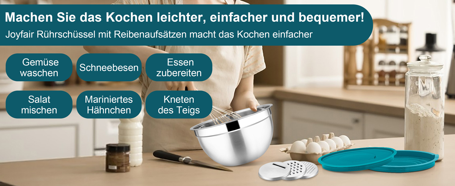 Миска Joyfair 4,5 л з нержавіючої сталі з кришкою, набором терок для приготування їжі, миска для салатів, посудомийна машина - блакитна