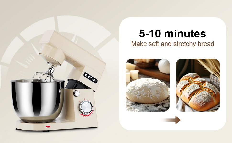 Кухонний комбайн Cheflee 1500W з місткими чашами 4.5 та 5.5L з нержавіючої сталі, 10+ швидкостей, з гаками для тіста, вінчиком та насадками для збивання, з кришкою-розбризкувачем