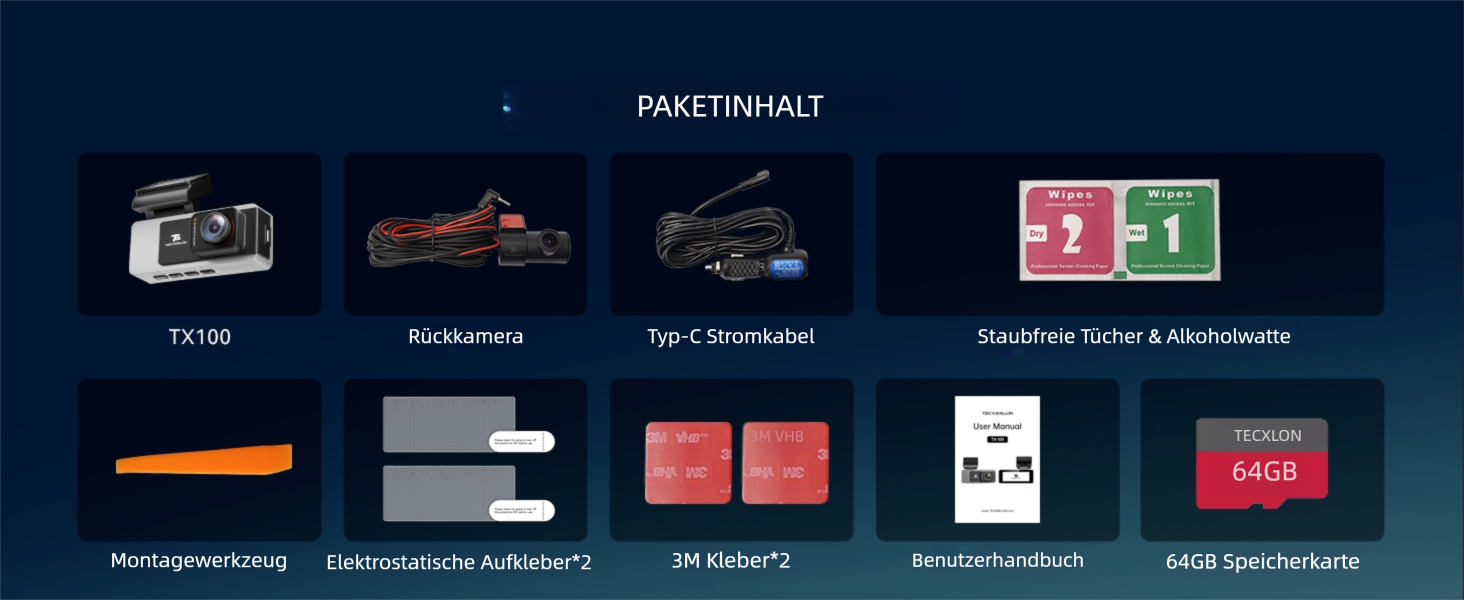 Автомобільний відеореєстратор TECXERLLON 4K Dual Dashcam (передній та задній), нічна зйомка Starlight, GPS, WDR, G-сенсор, режим паркування 24г, кут 160°/150°, карта пам'яті 64ГБ у комплекті