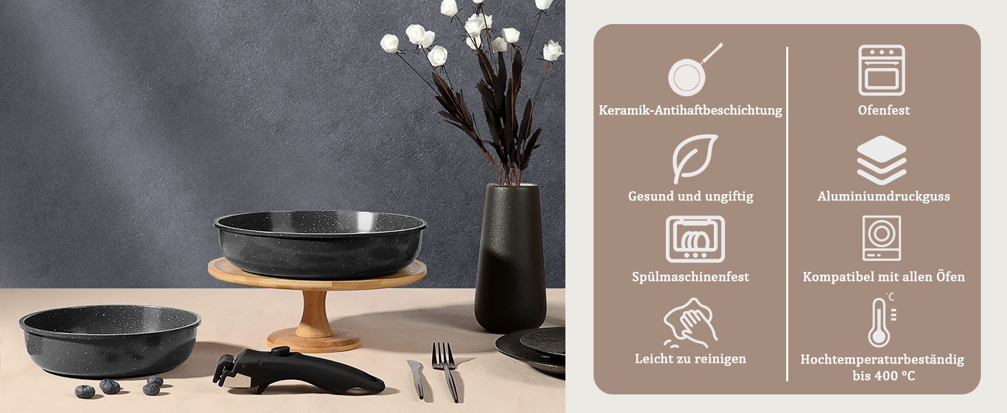 GiPP 5-Piece Ceramic Cookware Set with Removable Handle - Non-Stick, Induction Ready, Oven Safe, PTFE/PFOA-Free - White & Black