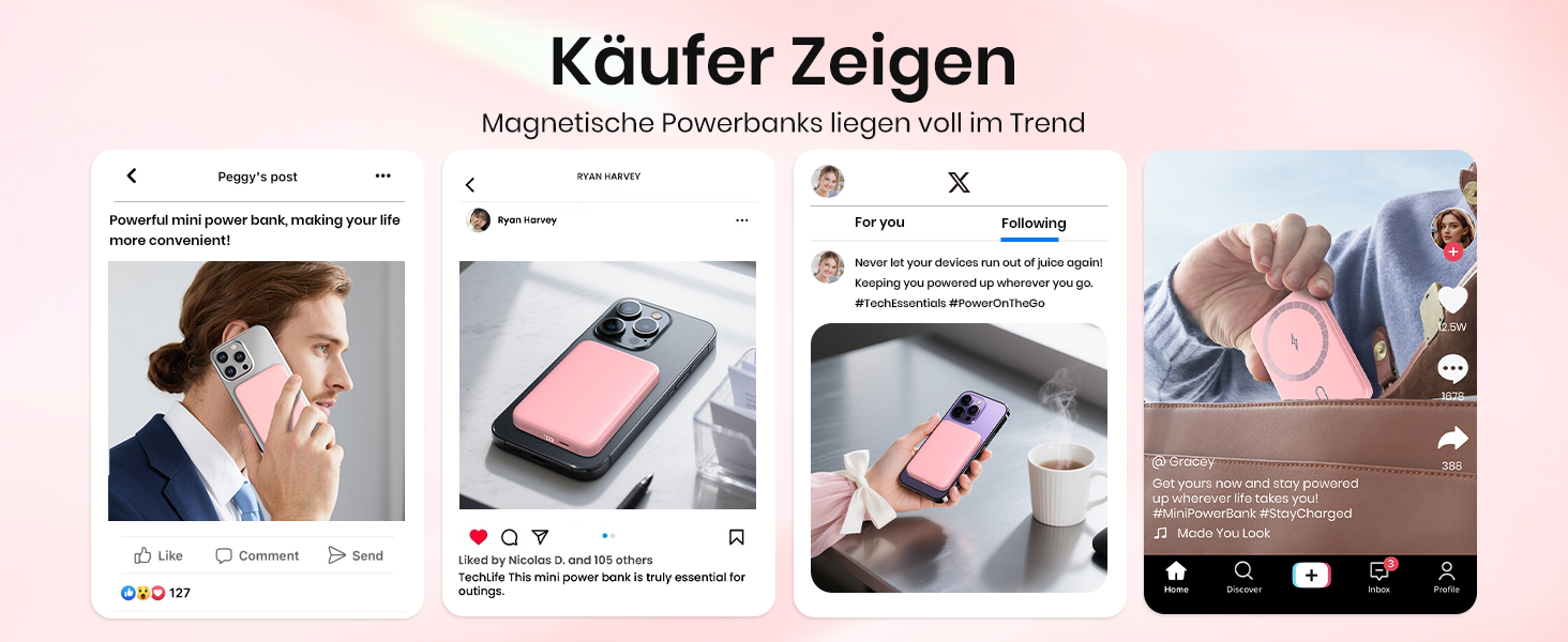 Power Bank Riapow 10000mAh з бездротовою зарядкою, PD 20W, USB-C, LED-індикатор (Рожевий)