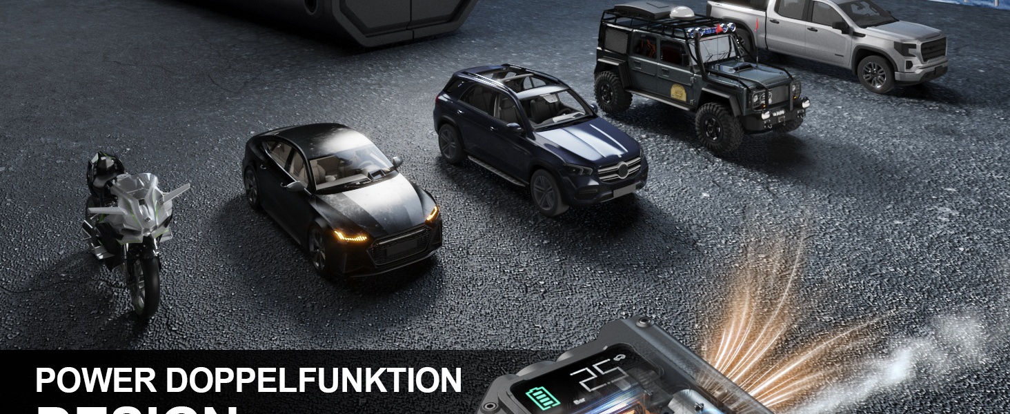 Powerbank для автомобіля Starthilfe з компресором 150PSI, 6000A, 12V, для бензинових та дизельних авто (до 10л), QC3.0, LCD, ліхтарик