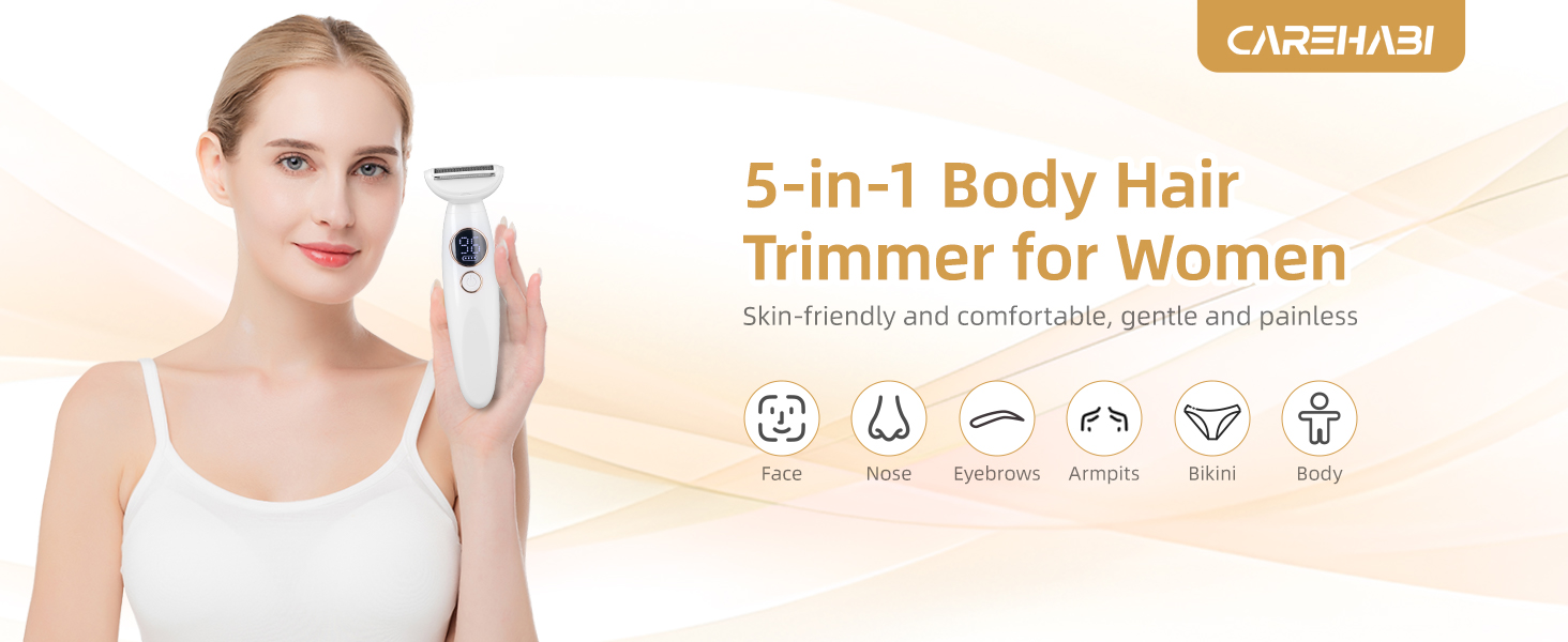 Електричний жіночий тример Carehabi 5-в-1 для тіла, обличчя та бікіні. Вологостійкий (IPX7) з USB-станцією.