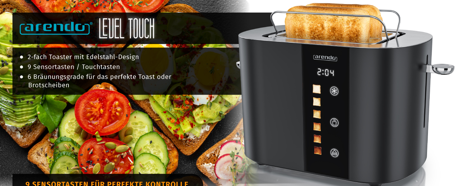 Тостер Arendo з нержавіючої сталі, 2 відділення, сенсорний екран, подвійні стінки, 800 Вт, підставка для тостів, 6 рівнів підсмажування, центрування хліба, індикатор часу, функція пам'яті, колір: чорний