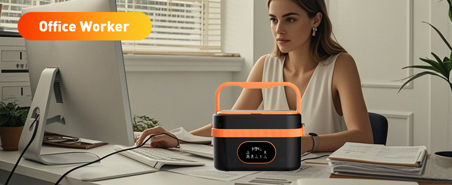 Електрична обідовниця з підігрівом 1.5L, перезаряджувана, портативна, для роботи, сім'ї, кемпінгу, офісу, подорожей, будівельних майданчиків, чорна з червоними акцентами