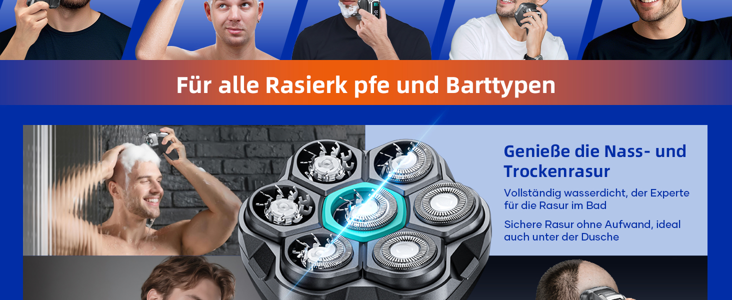 Машинка для гоління голови чоловіча Kensen 7D водонепроникна, з магнітною насадкою, Type-C, 8100/8600 об/хв, сіра