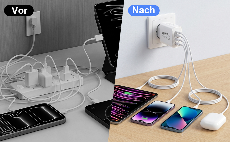 Зарядний пристрій USB-C 2-в-1, 4 порти 40W, PD 3.0 для iPhone 17/16/15/14/13/12/11 Pro/Max/Plus/XR/XS, iPad, Samsung - Швидка зарядка