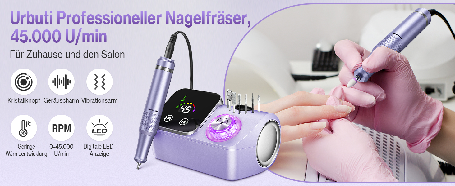 Електрична шліфувальна машинка для нігтів (нагельфрайзер) з LCD-дисплеєм, 45000 об/хв, професійний набір для манікюру та педикюру з мультифункціональною базою та сенсорним керуванням, фіолетовий