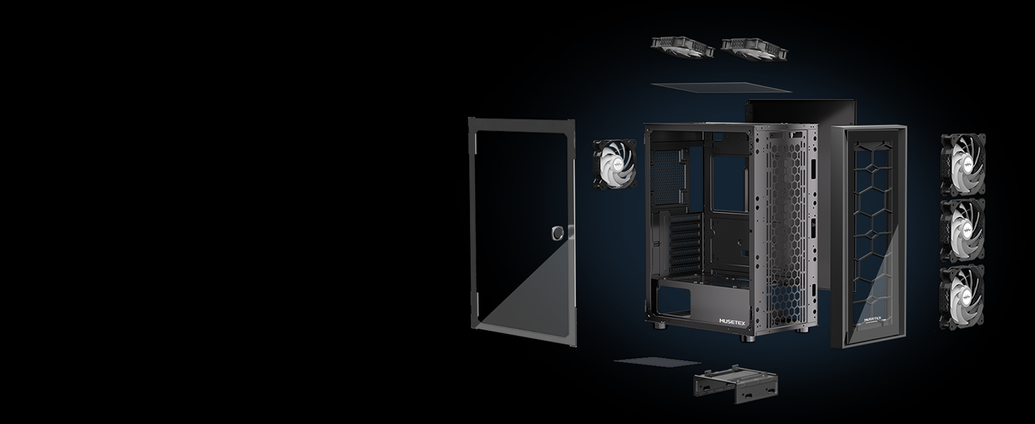 Корпус ПК MUSETEX G07 ATX з 6 вентиляторами ARGB, USB 3.0, чорний, Mid Tower для геймінгу