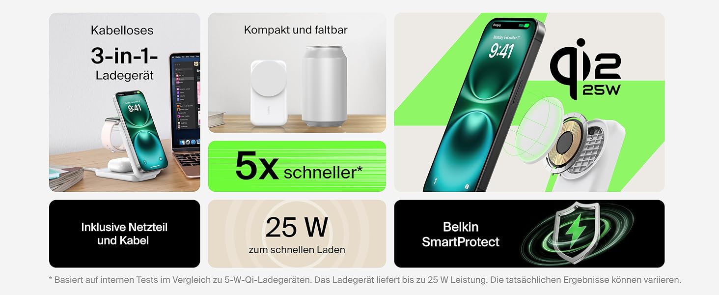 Зарядна станція Belkin UltraCharge 3 в 1 з Qi2.2, 25W, сумісна з MagSafe, для iPhone, Apple Watch, AirPods, Pixel, з адаптером 45W