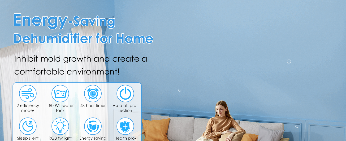 Електричний осушувач повітря 1,8L, 2 режими, таймер, LED, для ванної, спальні, гуртожитку 1800 мл