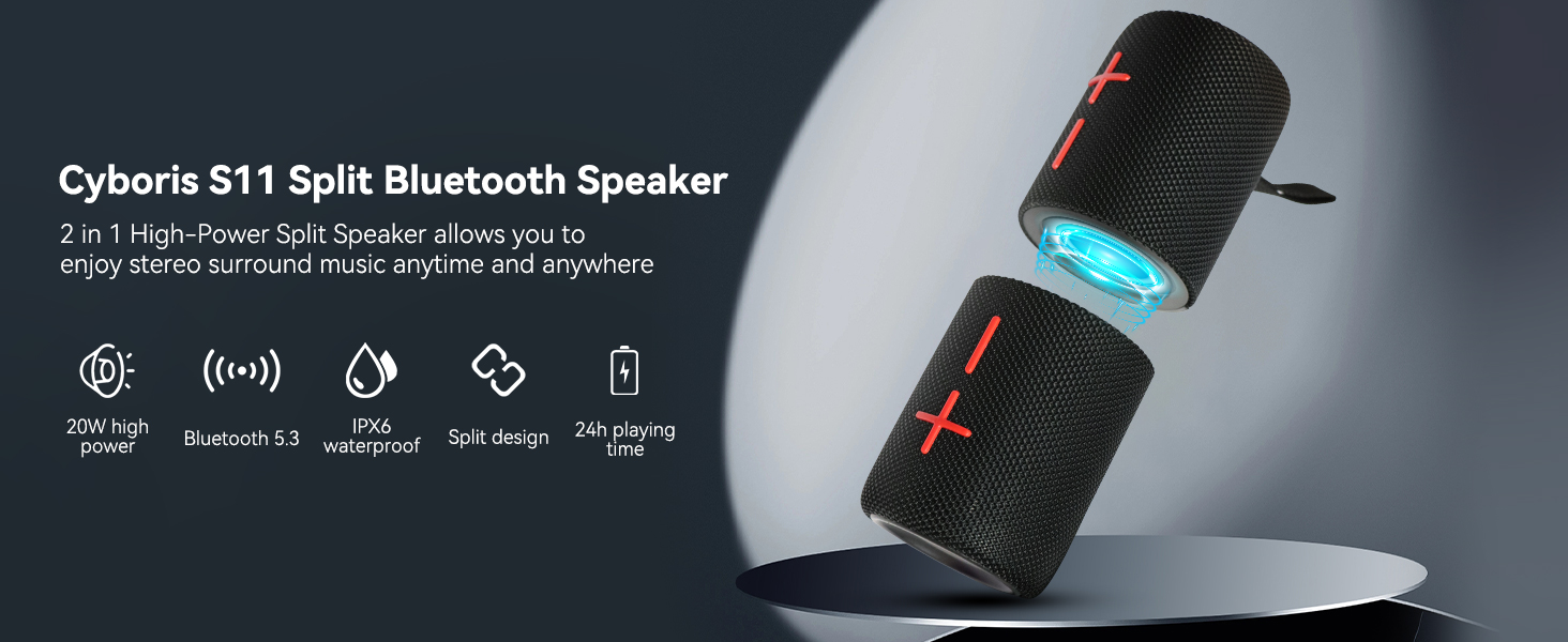 CYBORIS Портативна Bluetooth колонка 2-в-1 з магнітом, 20W, RGB підсвічування, 24 год, IPX6, TWS - для подорожей, вечірок