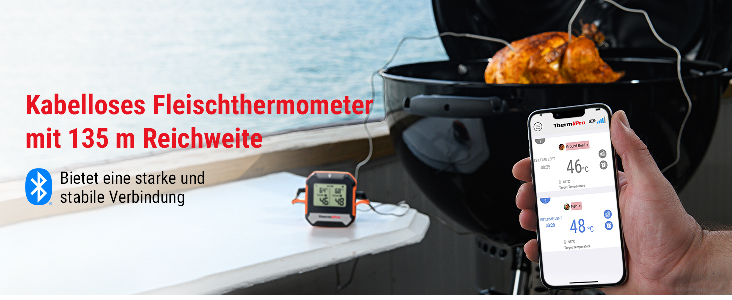 Цифровий м'ясний термометр ThermoPro з 2 зондами для гриля, барбекю, коптильні, з Bluetooth 5.0 до 135 м, перезаряджуваний, з сигналом тривоги, для кухні та смартфона