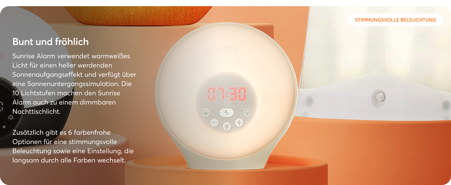 Світловий будильник Lumie Sunrise з ефектом сходу та заходу сонця, звуками та атмосферним підсвічуванням