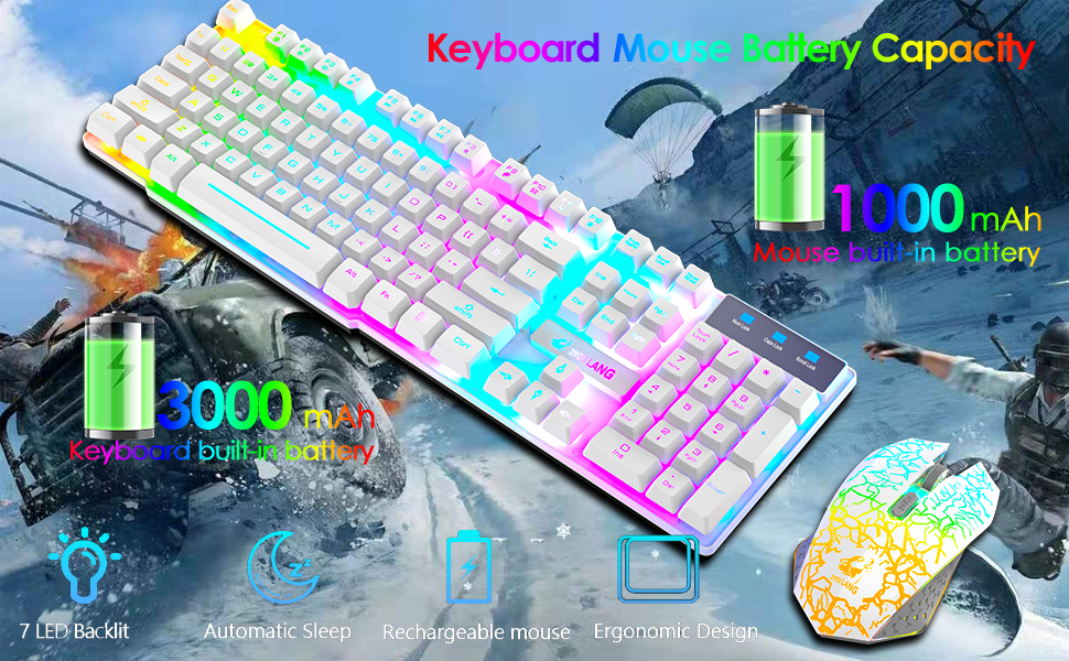 Бездротова клавіатура з підсвічуванням RGB, 2.4G, механічна, 104 клавіші, ігрова + миша 2400 DPI, 6 кнопок, оптична LED, килимок для миші (білий)