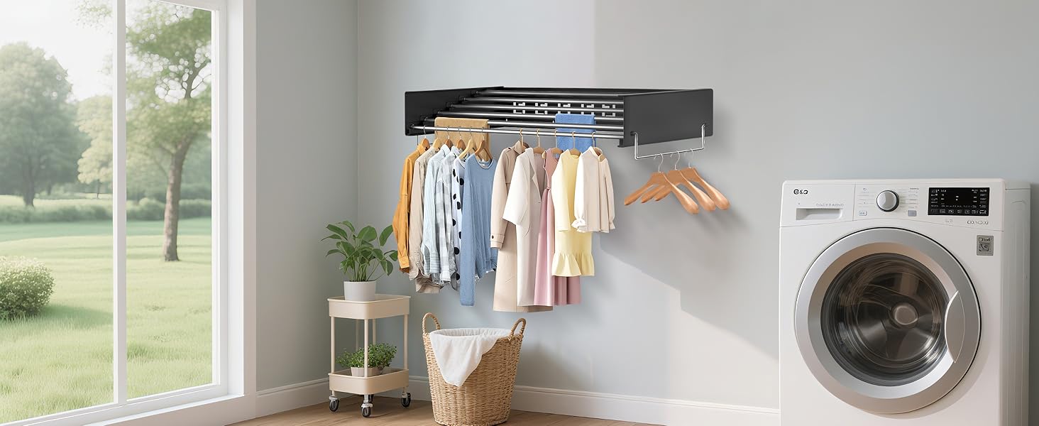 Настінний сушильник для білизни з 80 см штангами, 5 ліній сушіння, розкладний, для дому та вулиці, чорний, 80 см