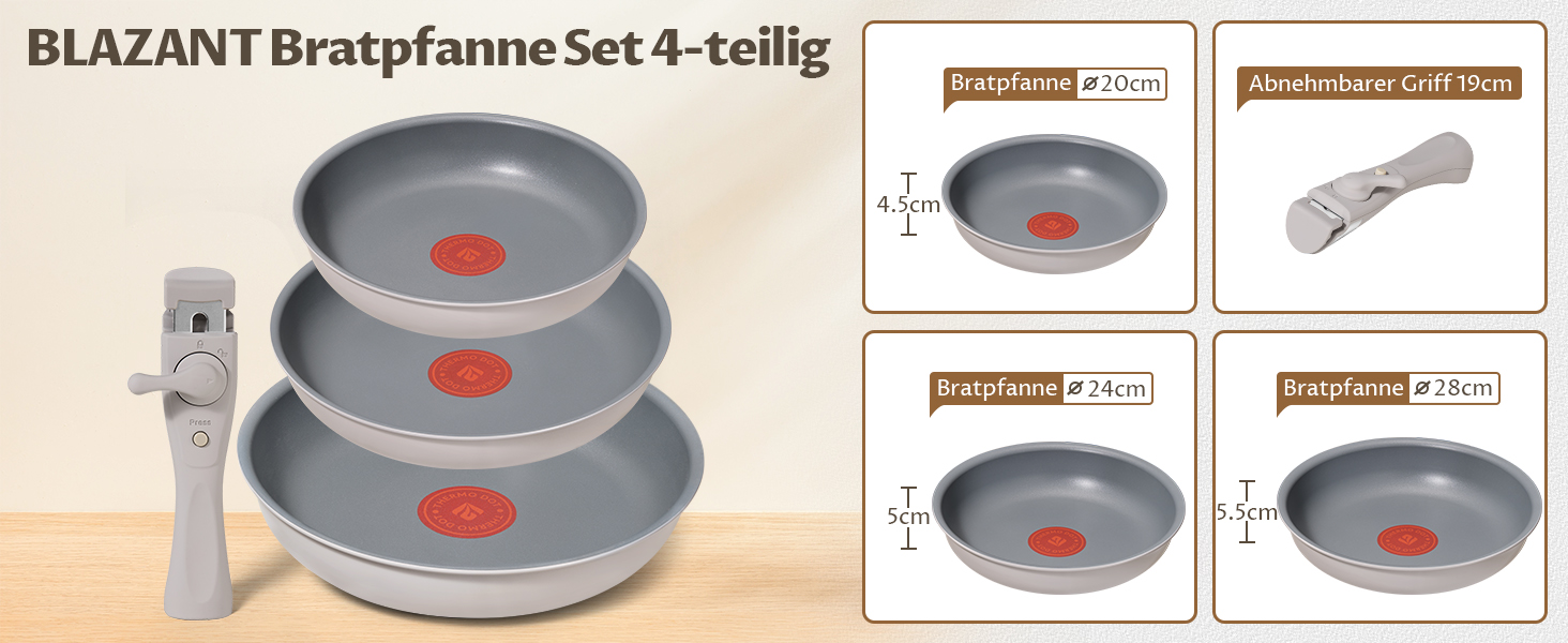 Набір сковорідок Induktion 4 шт. з термоіндикатором, антипригарне покриття, сумісний з усіма плитами, для кухні та кемпінгу