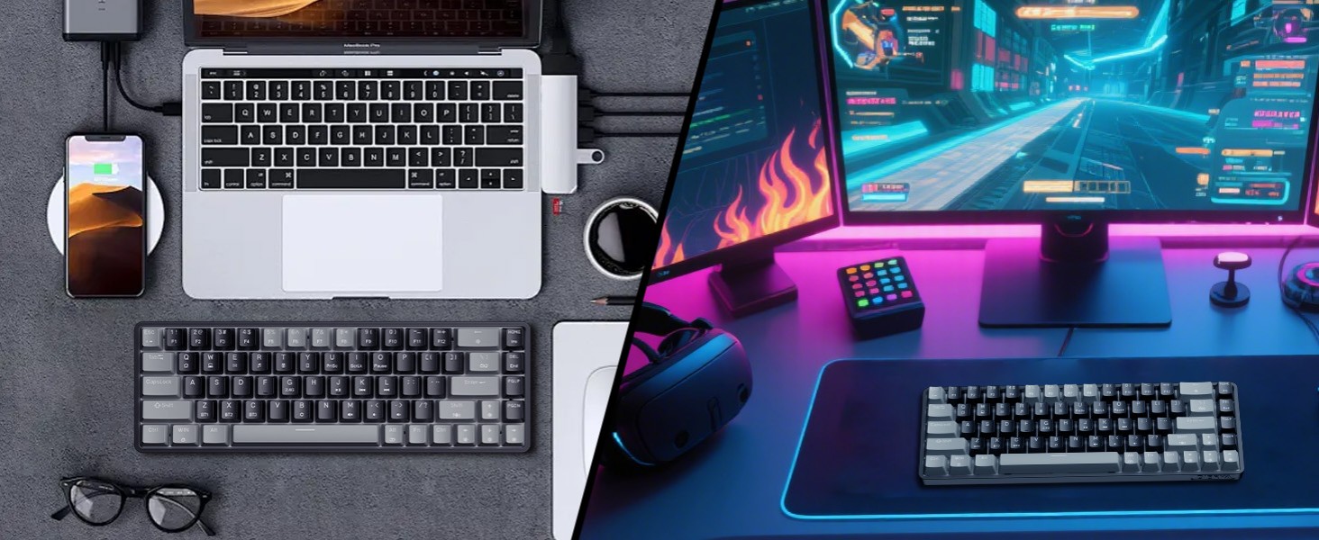 Dierya DK68 - Бездротова ігрова клавіатура з RGB підсвічуванням (68 клавіш, механічні перемикачі Red, QWERTY, Grey-Black)