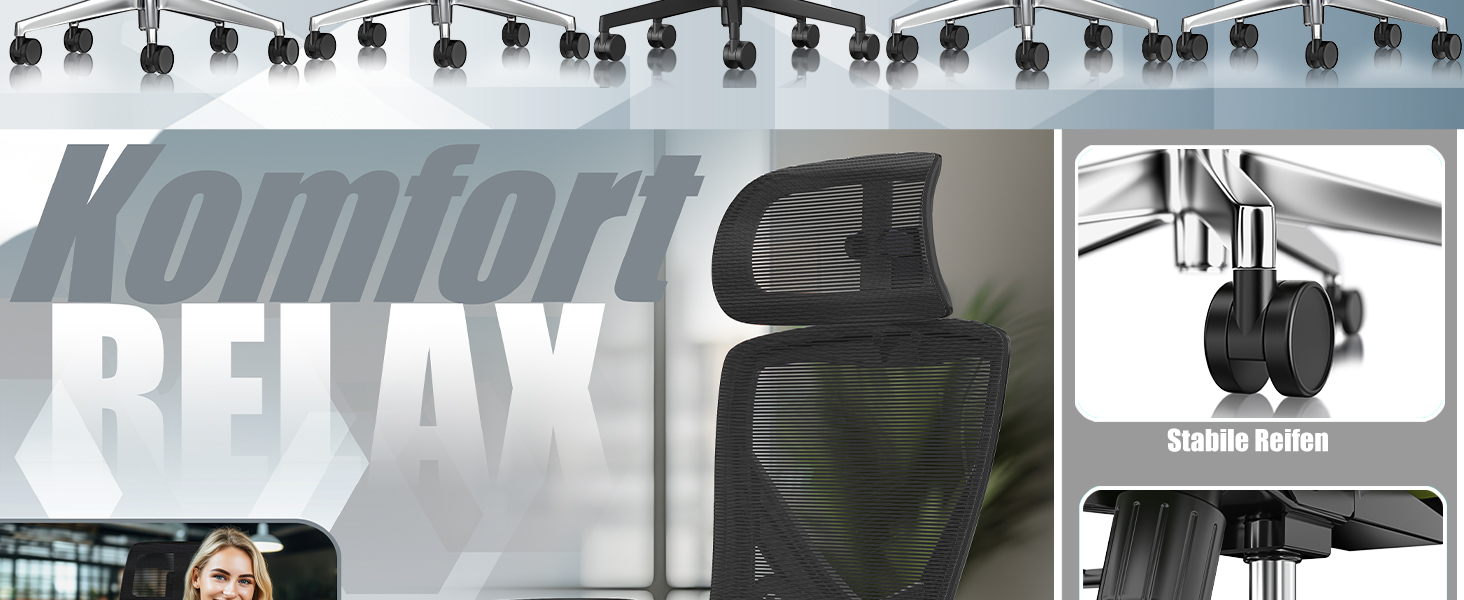 Офісне крісло KESSER® ергономічне з регульованими підлокітниками, поворотне з підтримкою попереку, з підголівником, функція гойдання до 125° з 5 колесами, чорний/срібний