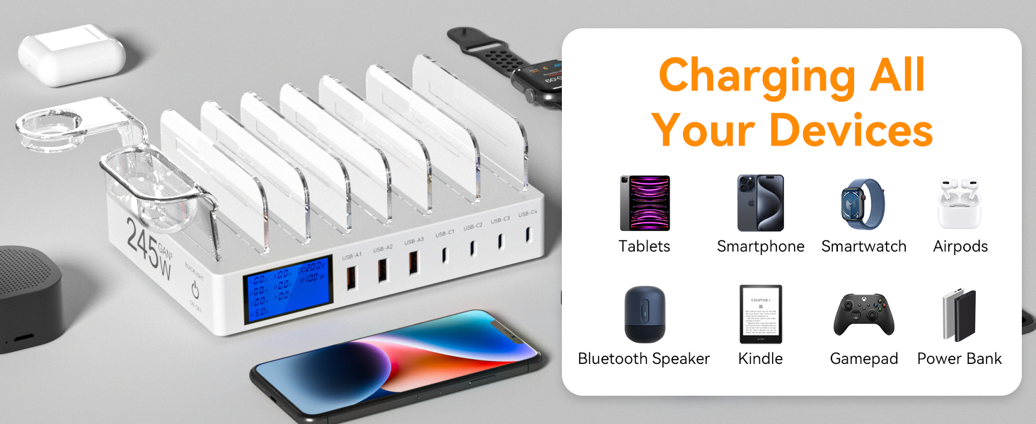 Зарядна станція 245W USB для 7 пристроїв з LCD-дисплеєм, кабелями та тримачем для iWatch, чорна - для iPhone, планшетів та іншої електроніки