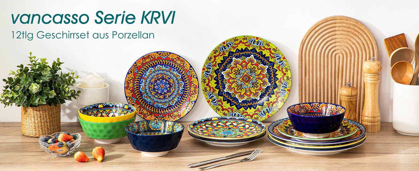 Набір посуду з порцеляни Vancasso на 6 осіб (18 предметів): тарілки, десертні тарілки, миски, серія KRVI