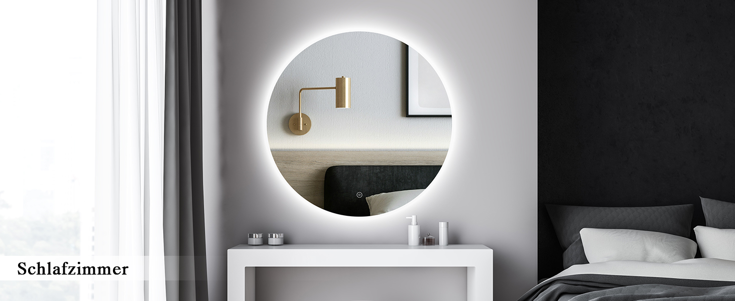 Дзеркало для ванної кімнати з підсвічуванням LED, антизапотівання, сенсорне управління, регулювання яскравості, 3 кольори світла, функція пам'яті, захист від вибуху, кругле дзеркало 50 см (діаметр), 60x60 см (розміри)