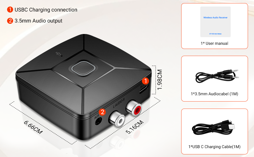 Bluetooth аудіоприймач 6.0 з LDAC Hi-Res декодуванням, сертифікований Hi-Res Audio, з 3.5mm та RCA виходами, сумісний з колонками, підсилювачами, автомагнітолами