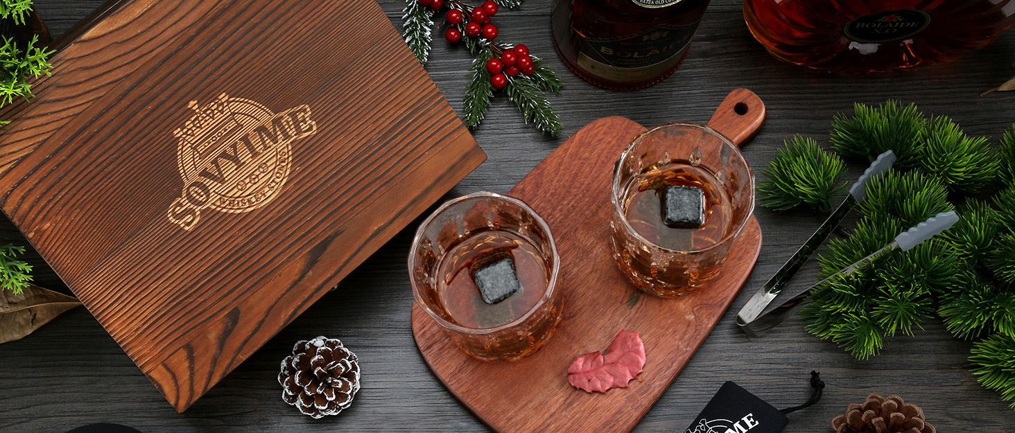 Склянки для віскі з гранітними кубиками льоду, 2 шт., дерев'яна подарункова коробка, 310 мл, з рельєфним візерунком