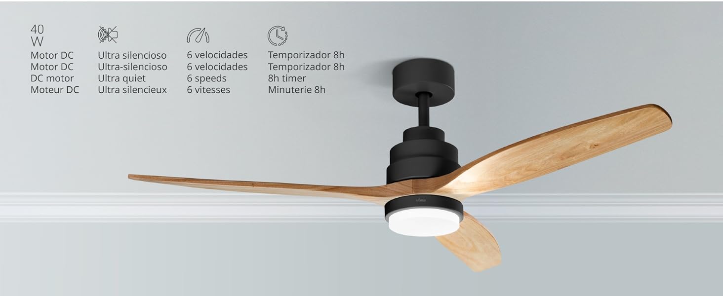 Стеляний вентилятор Ufesa, 40W, 6 швидкостей, надзвичайно тихий, 3 дерев'яних лопаті 132см, літньо-зимовий режим, таймер 8год, пульт керування, з підсвічуванням, чорний - світле дерево