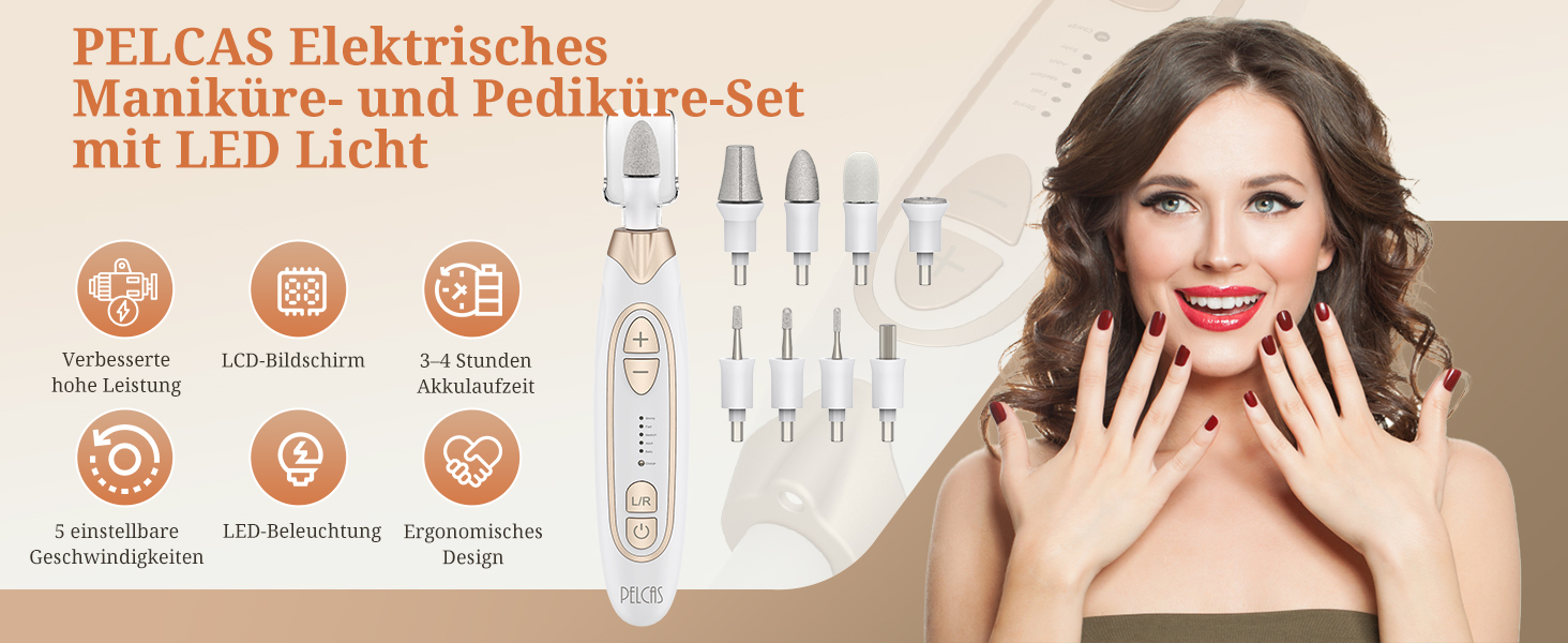 Електричний фрезер для ніг PELCAS з LCD дисплеєм: професійний набір для манікюру та педикюру, акумуляторний, для товстих нігтів та кутикули, біле золото