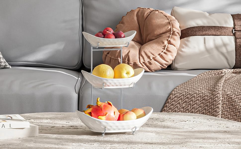 Багатоярусна фруктова тарілка Acliys 3 яруси з кераміки для кухні, зберігання фруктів, овочів, снеків, десертів
