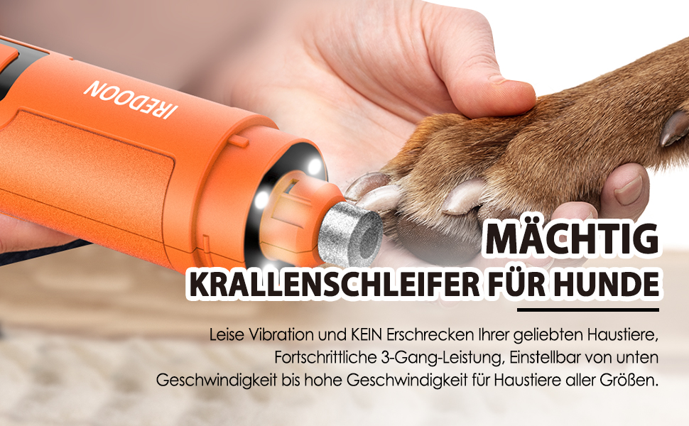 Шліфувальник кігтів для собак Profi Krallenschleifer: 3 режими, LED-підсвітка, тихий, акумуляторний, для великих, середніх та малих собак (темно-зелений/помаранчевий)