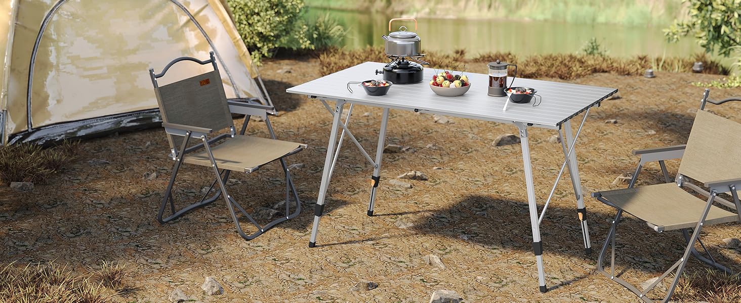 Стіл туристичний розкладний WOLTU, 120x68.5 см, сріблястий. Регульована висота, з сумкою та розкатним покриттям. Для кемпінгу, саду, балкону (4-6 осіб)