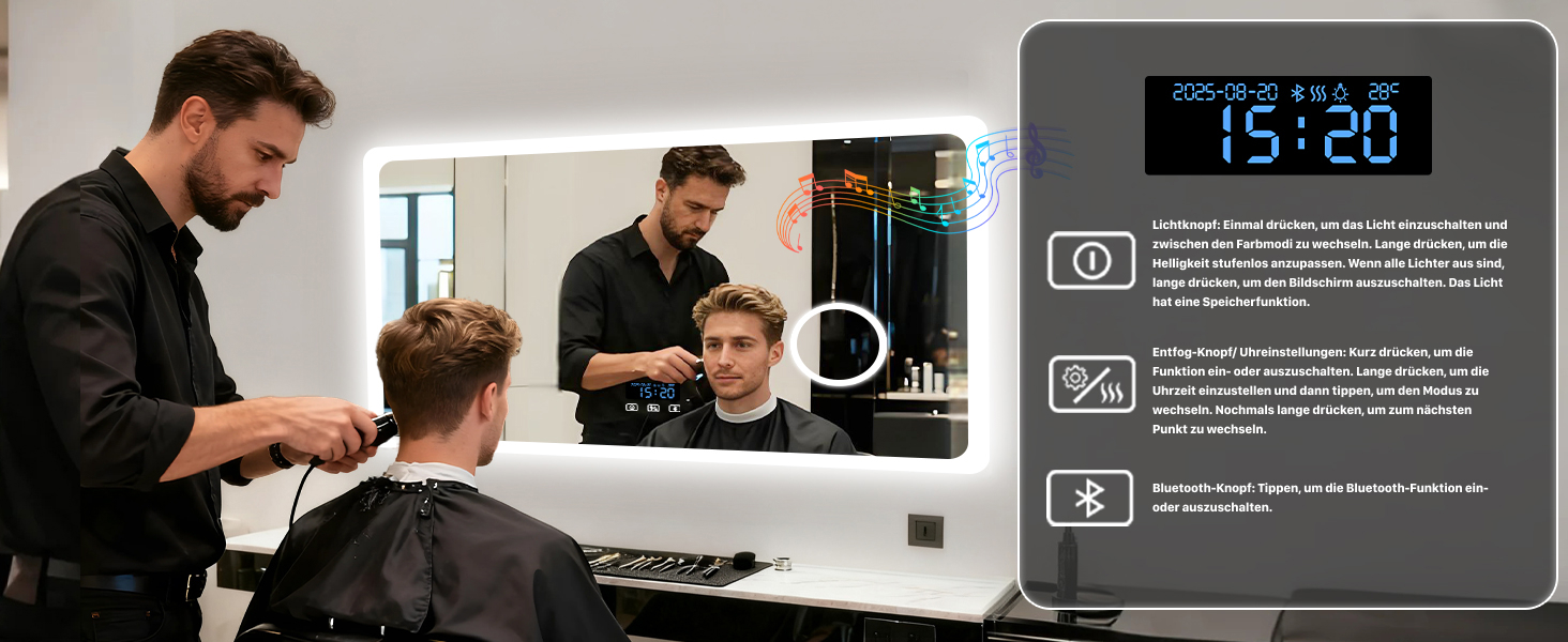 Дзеркало для ванної кімнати LUVODI з підсвічуванням 100x70 см: годинник, температура, дата, проти запотівання, регулювання яскравості, 3 кольори світла, функція пам'яті, LED, водонепроникність, збільшення 3x, Bluetooth