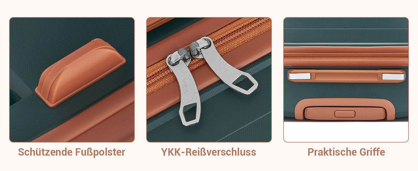 KONO Набір валіз 3 шт: велика, середня, маленька. Валізи з поліпропілену, з TSA замком, 4 колеса, темно-зелений/коричневий.