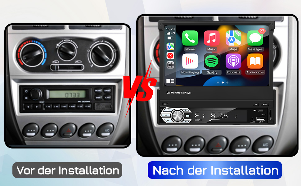 EZoneTronics 7-дюймове 1DIN автомагнітола з CarPlay/Android Auto, сенсорний екран, Bluetooth, підтримка SWC, Mirror Link, еквалайзер, FM/RDS, USB Type-C, AUX, TF-карта, камера заднього виду CW0013