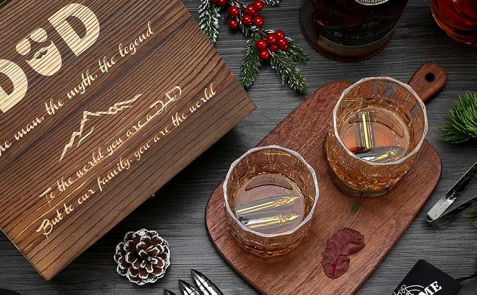 Склянки для віскі з гранітними кубиками, 2 шт. (310 мл) у дерев'яній коробці - ідеальний подарунок для любителів віскі