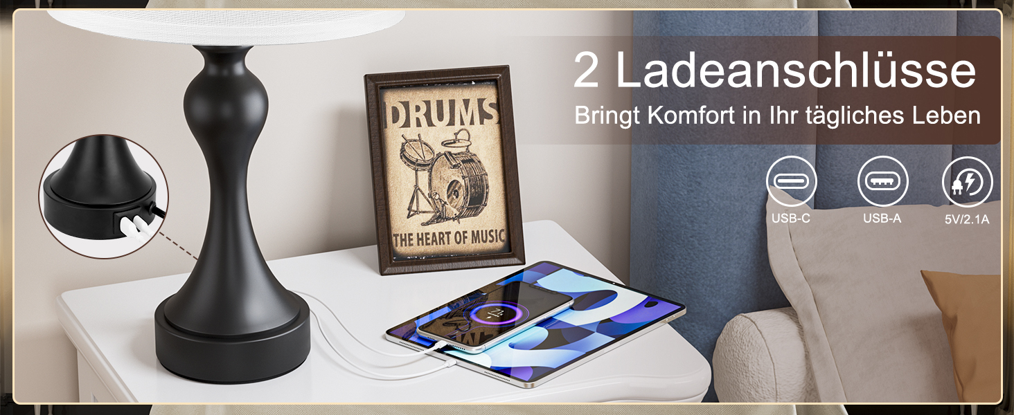 Настільна лампа Kakanuo з торшером, 2 шт., з USB-портами A+C, диммування, вінтажний дизайн, для спальні, вітальні, офісу, білий абажур, золотий цоколь