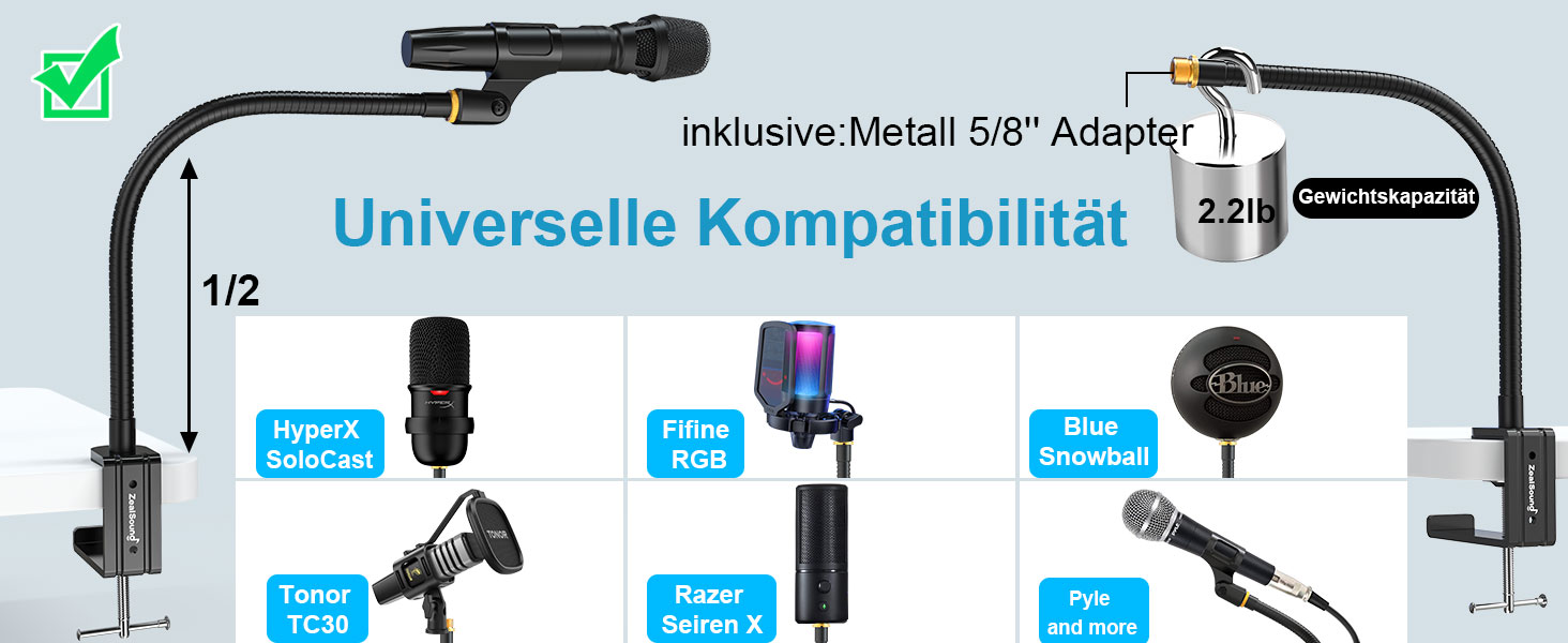 Кріплення для мікрофону Zealsound: регульований штатив-ластик з кріпленням, адаптер 3/8' - 5/8', міцна клямка для столу, сумісний з Blue Snowball, Ice, Spark, SoloCast, 13 дюймів