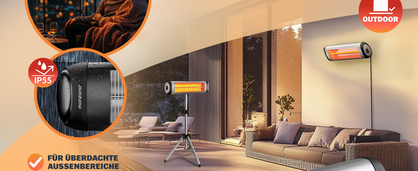Інфрачервовий обігрівач MONZANA® MZH2501 з таймером, 2500W, 3 режими, 24 год, пульт ДУ, кут нахилу 90°, електричний, для тераси (сріблястий, з телескопічним штативом)