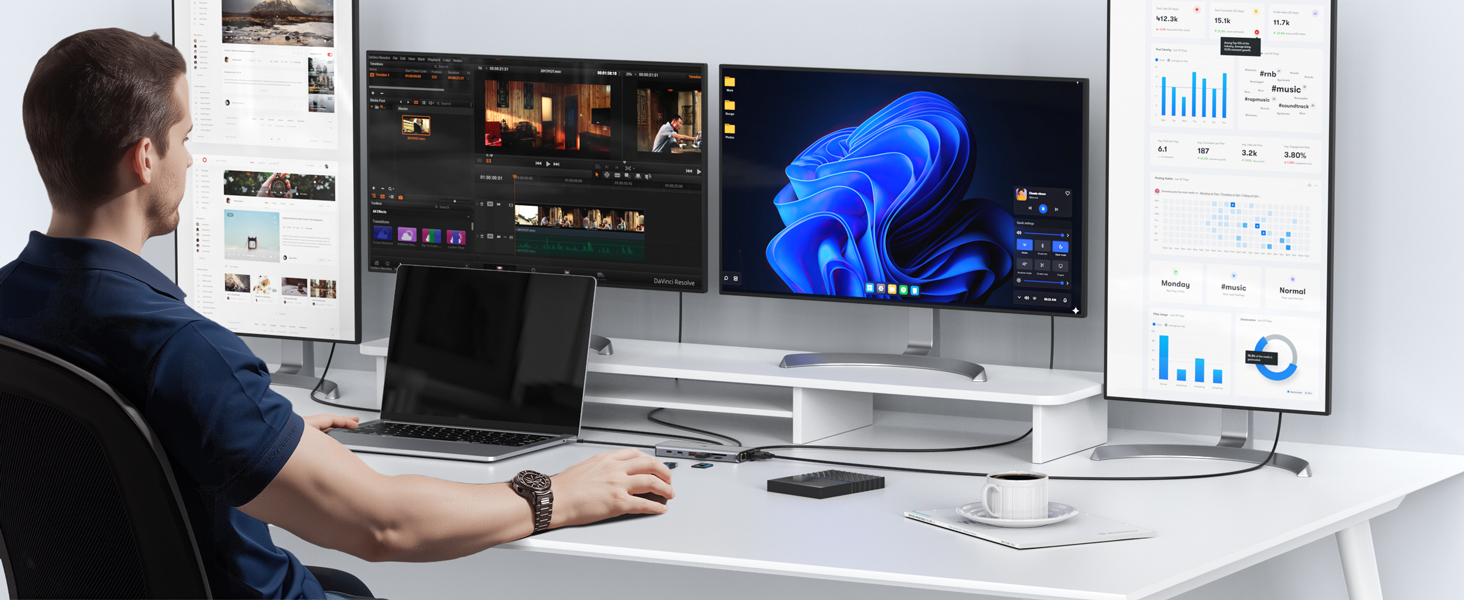 Док-станція USB-C для ноутбука з підтримкою 2 моніторів (Dual Monitor), 8 в 1: HDMI, DisplayPort, Ethernet, PD 100W, USB 3.0, сумісна з Dell, HP