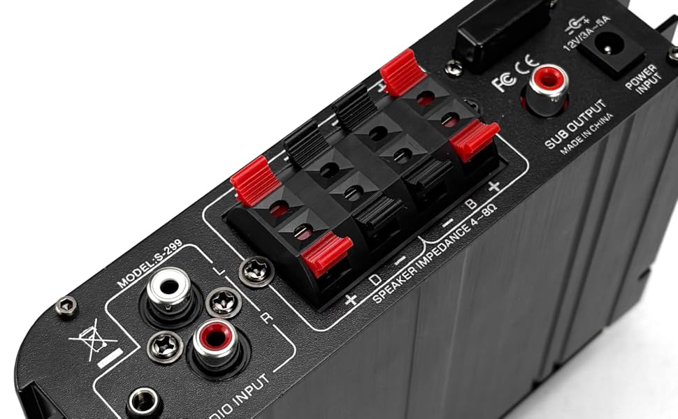 4.1-канальний підсилювач 1600W, Bluetooth 5.0, HiFi міні підсилювач для домашніх колонок 40Вт x4 + активний сабвуфер, USB/TF, MP3, пульт, 110-240V/12V, S299