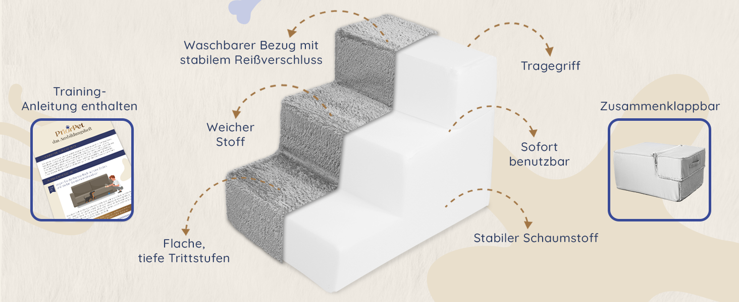 Сходинки для собак на ліжко та диван - 4 сходинки, 58 см заввишки - з пінопласту для маленьких собак - безпечні та стійкі - знімний, пральний чохол - світло-сірий