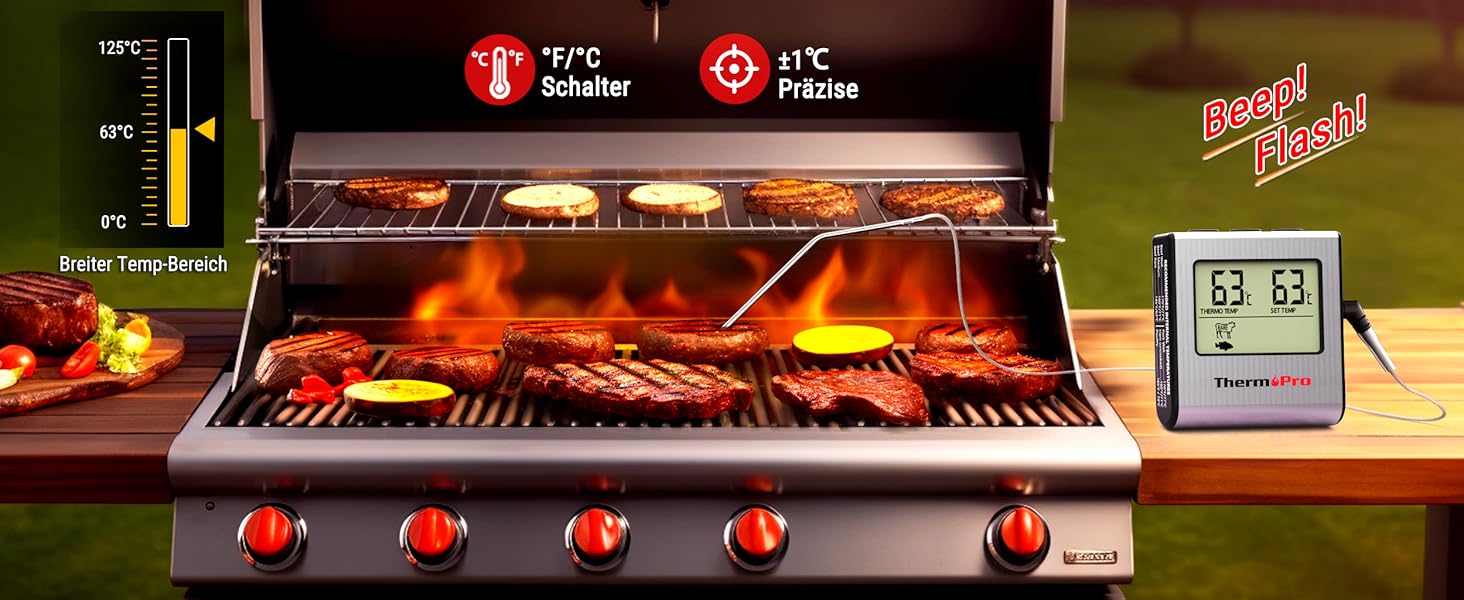 Термометр для м'яса ThermoPro TP16: цифровий, з таймером, для приготування на грилі, мангалі, духовій шафі