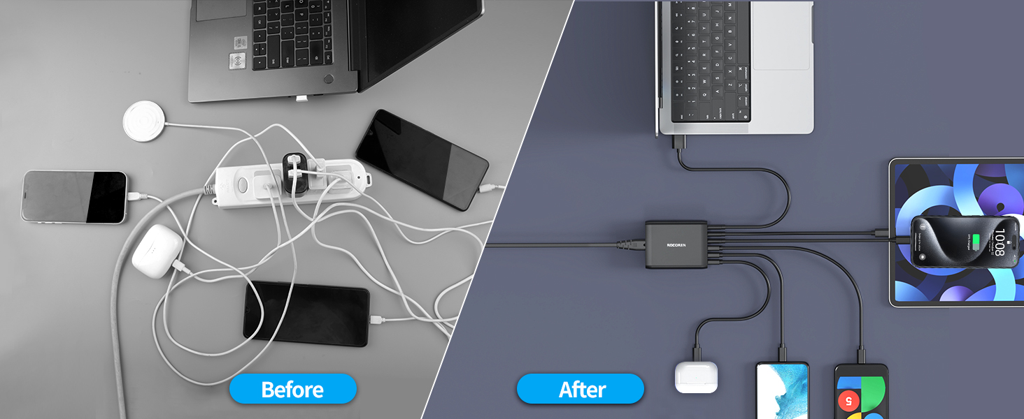 Зарядний пристрій Rocoren USB-C 100W PD3.0 QC4.0 PPS, 6 портів для MacBook Air, iPhone 15 Pro, iPad Pro, Galaxy S24/S23, Huawei - Швидка зарядка