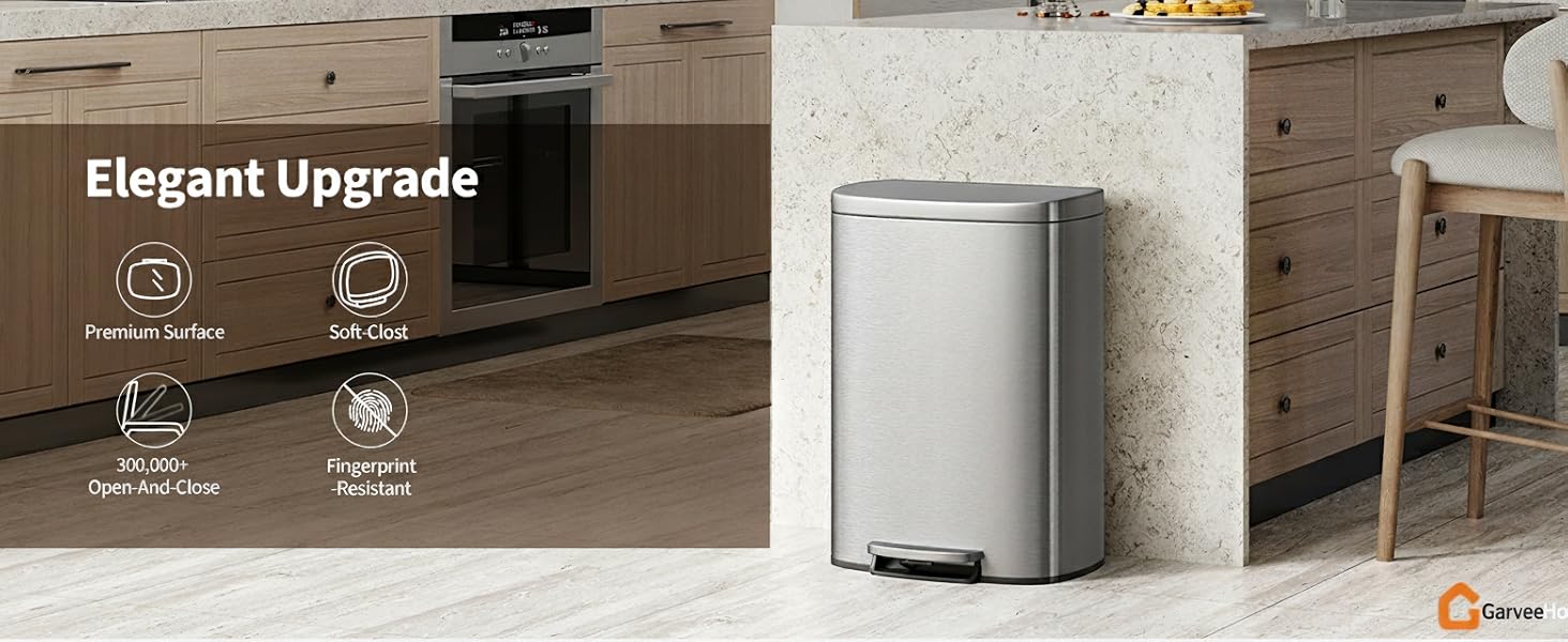 Набір металевих смітників GarveeHome (50л + 10л) з педаллю та кришкою, кухонне відро зі сталі з внутрішнім контейнером, колір нержавіюча сталь