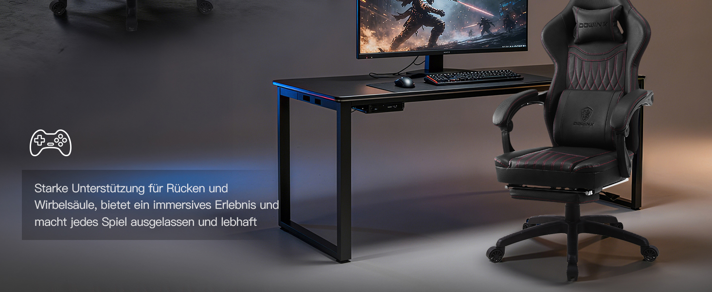 Ігровий крісло Dowinx з підголівником та масажем попереку, ергономічний геймерський крісло з підніжкою, офісне крісло з PU шкірою, чорний