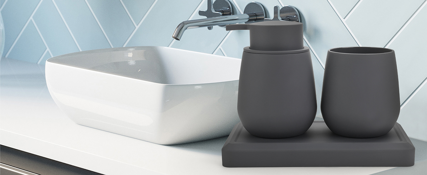 Сучасний набір для ванної кімнати AJEUNGAIN сірого кольору: мильниця, стакан для зубної пасти, піднос. 3 предмети.
