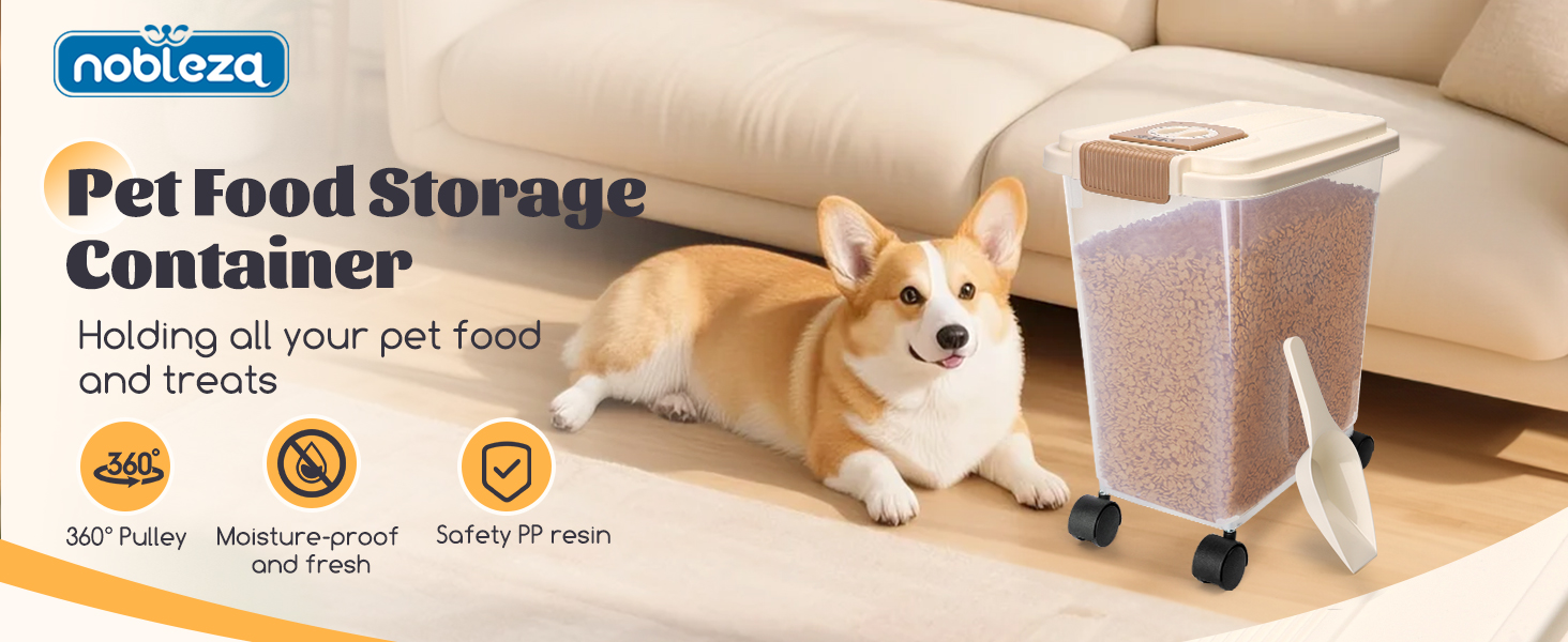 Контейнер для корму для собак та котів Nobleza, 40л, з датою виробництва, з роликами, повітряний, прозорий